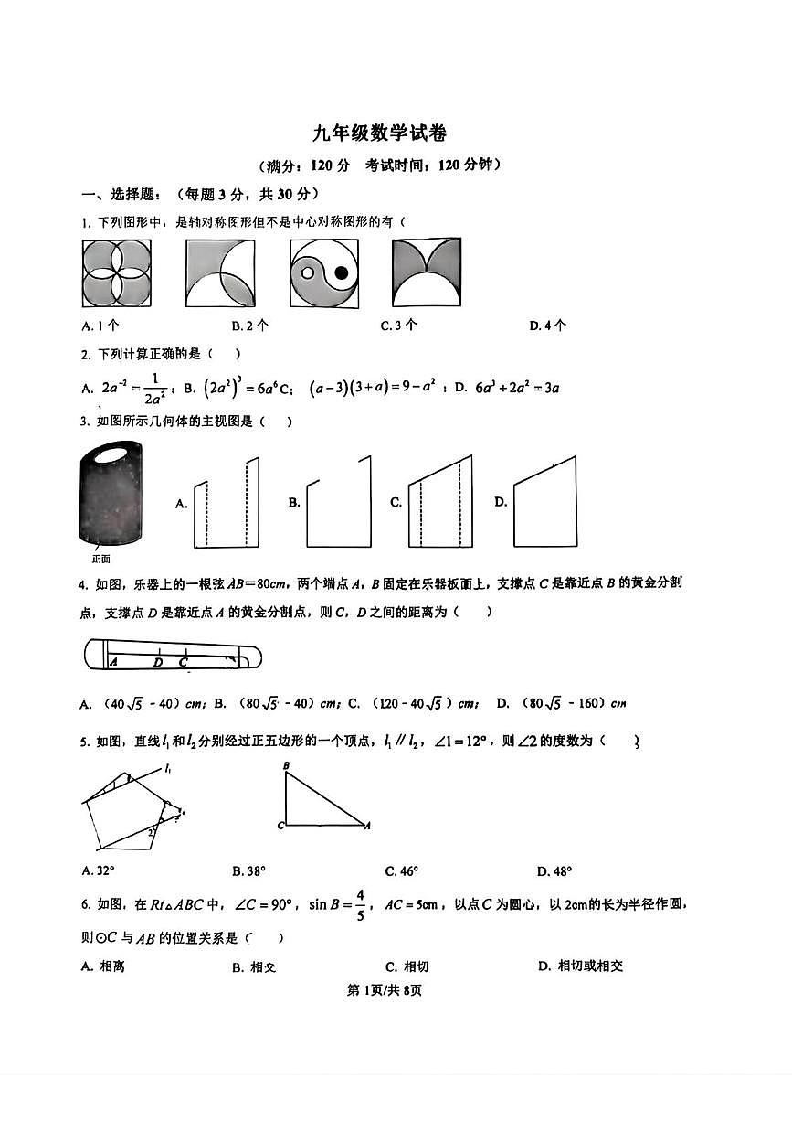 2025年山东省青岛市即墨区第二中学九年级中考二模数学试卷（中考模拟）第1页