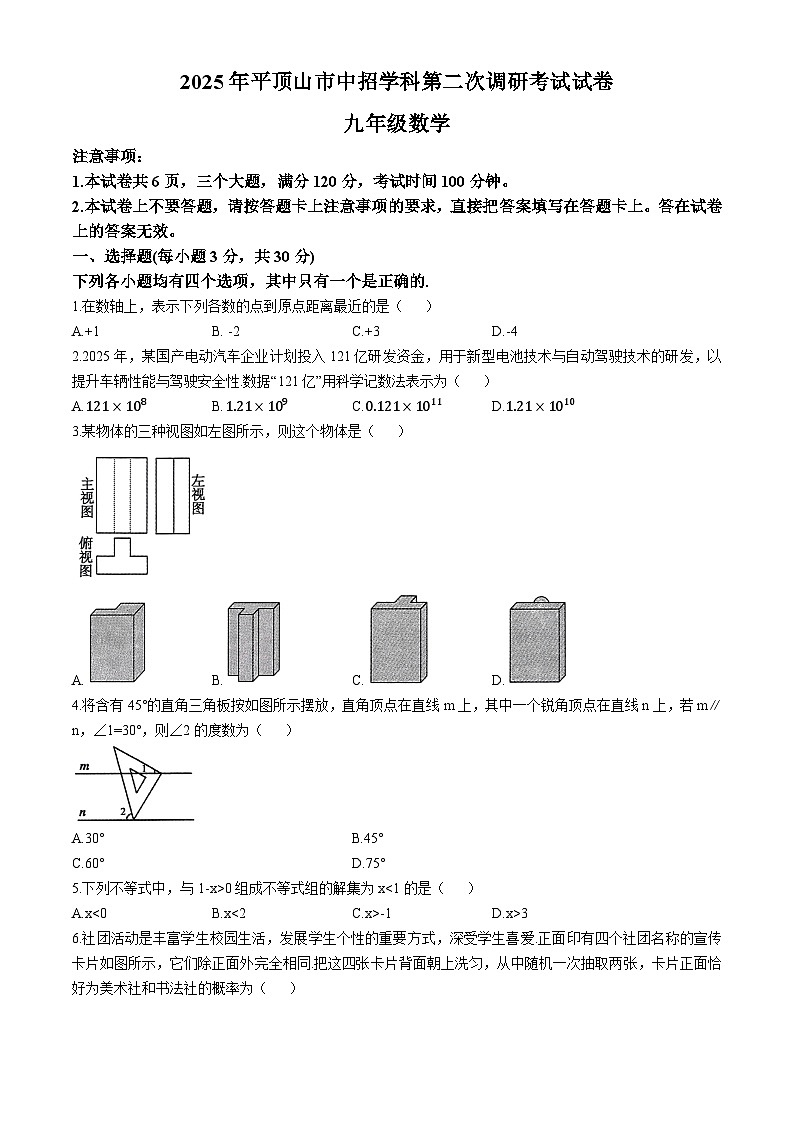 2025年河南省平顶山市九年级中考二模数学试题（中考模拟）第1页