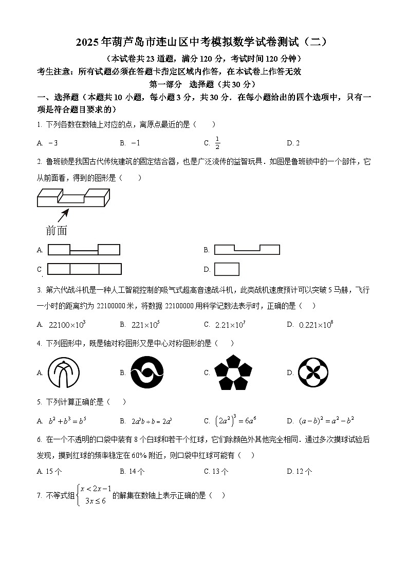 2025年辽宁省葫芦岛市连山区中考第二次模拟考试数学试卷（中考模拟）第1页