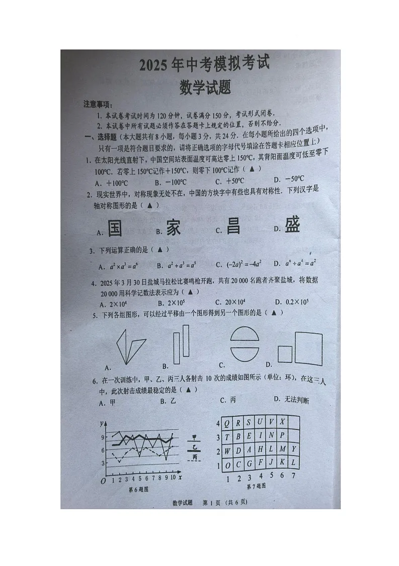 2025年江苏省盐城市东台市一模数学试题 数学试题第1页