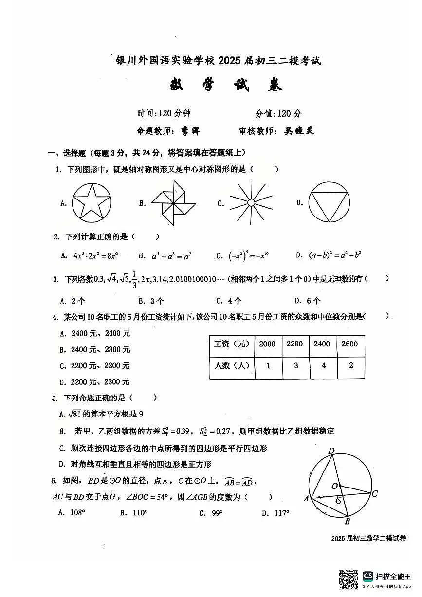 2025银川外国语初三数学中考二模试卷第1页