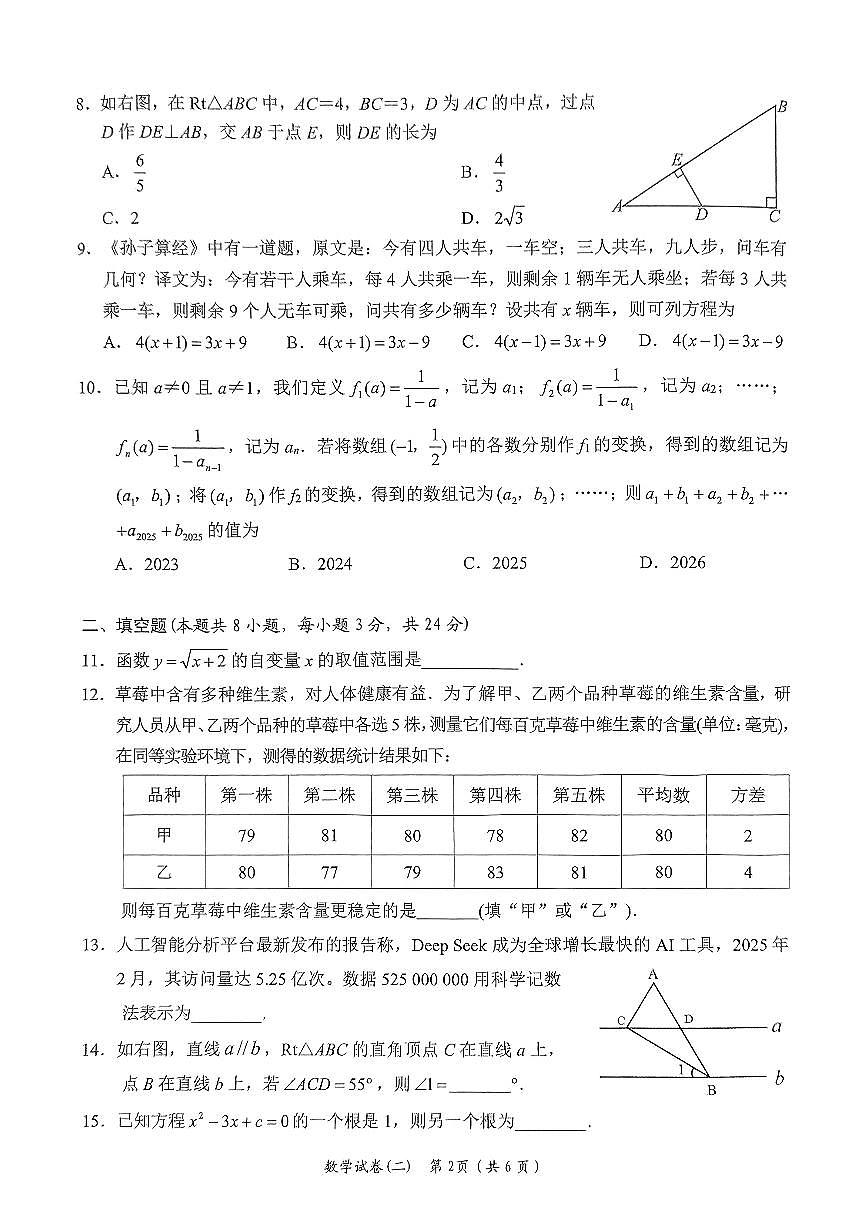 2025年岳阳市岳阳楼区中考二模数学试题第2页