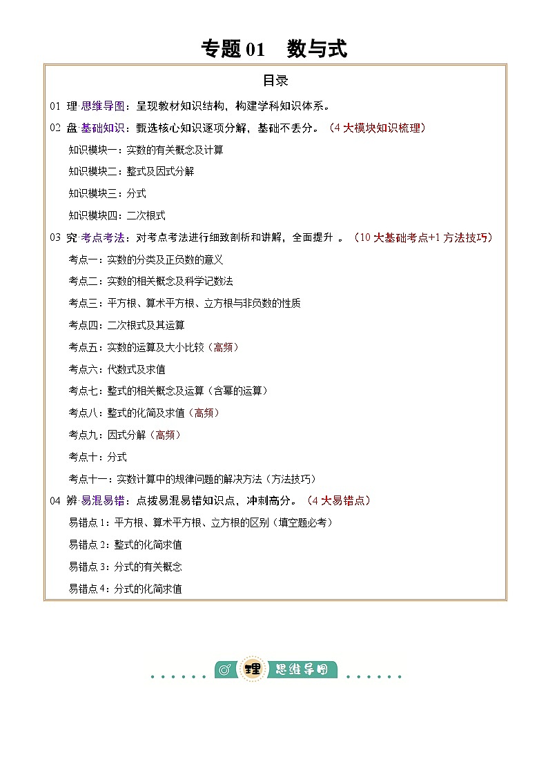 2025年中考数学专项复习讲义专题01  数与式 (4大模块知识梳理+10个基础考点+1个方法技巧+4个易错点)原卷版第1页