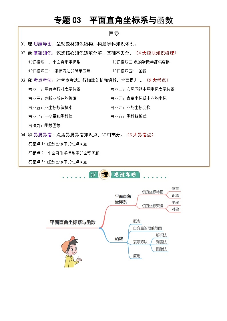 2025年中考数学专项复习讲义专题03  平面直角坐标系与函数 (4大模块知识梳理+9个考点+3个易错点)原卷版第1页