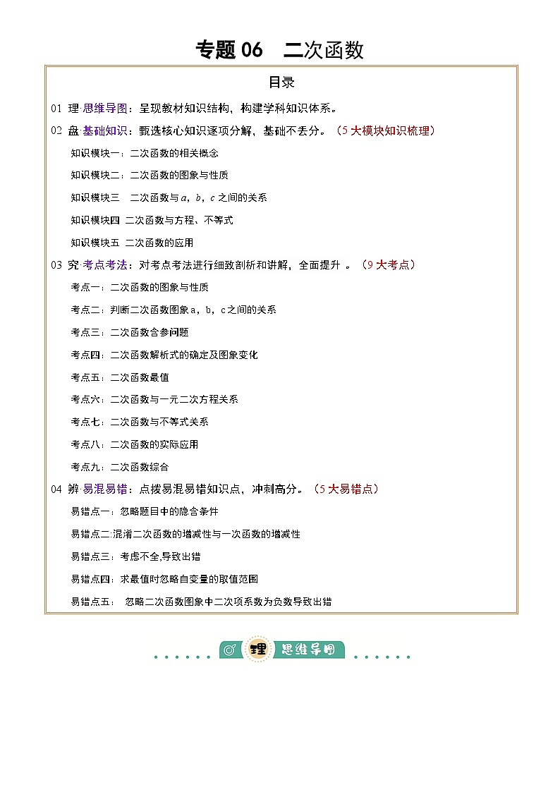 2025年中考数学专项复习讲义专题06  二次函数(5大模块知识梳理+9大考点+5大易错点)解析版第1页