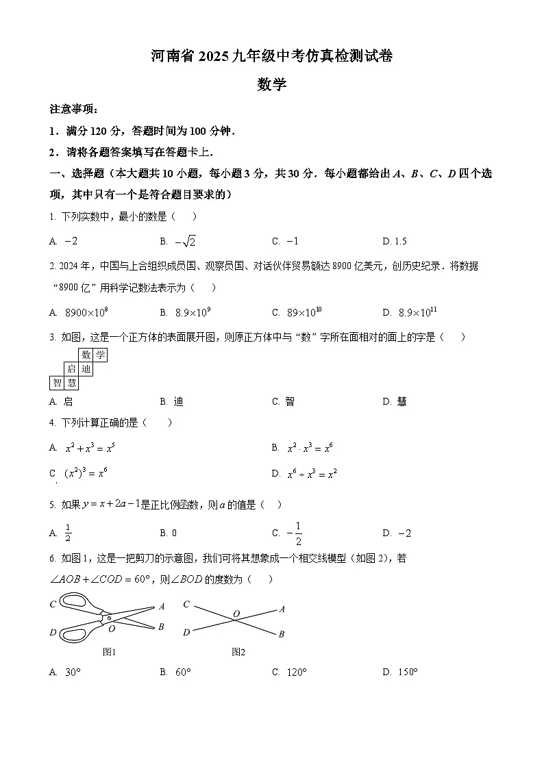 2025年河南省周口市项城市项城市公园路、名仕路等学校九年级模拟考试三模数学试题（中考模拟）第1页