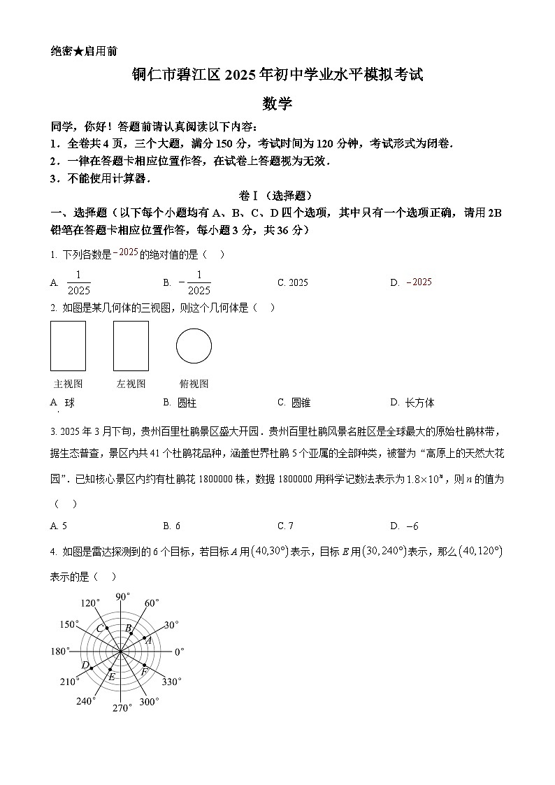 2025年 贵州省铜仁市碧江区九年级初中学业水平模拟考试 数学试卷第1页