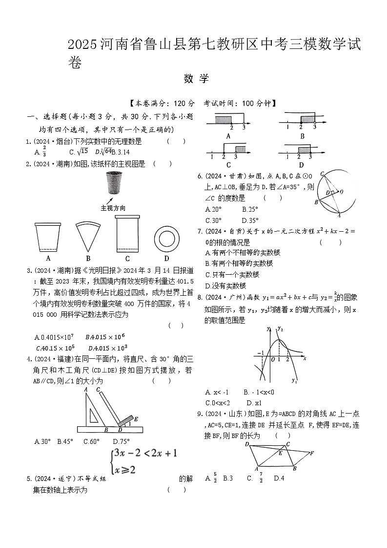 2025年河南省平顶山市鲁山县第七教研区中考三模数学试题第1页