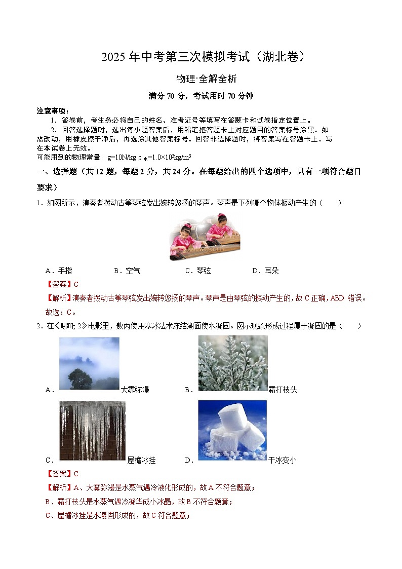 2025年中考数学第三次模拟考试卷：物理（湖北卷）（解析版）第1页