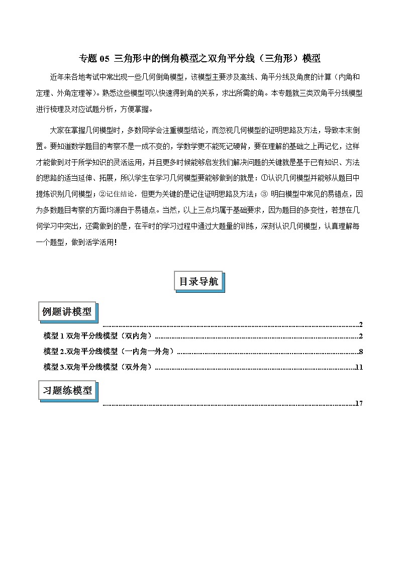 2025年中考数学专项复习专题05 三角形中的倒角模型之双角平分线（三角形）模型解读与提分精练（全国通用）（解析版）第1页