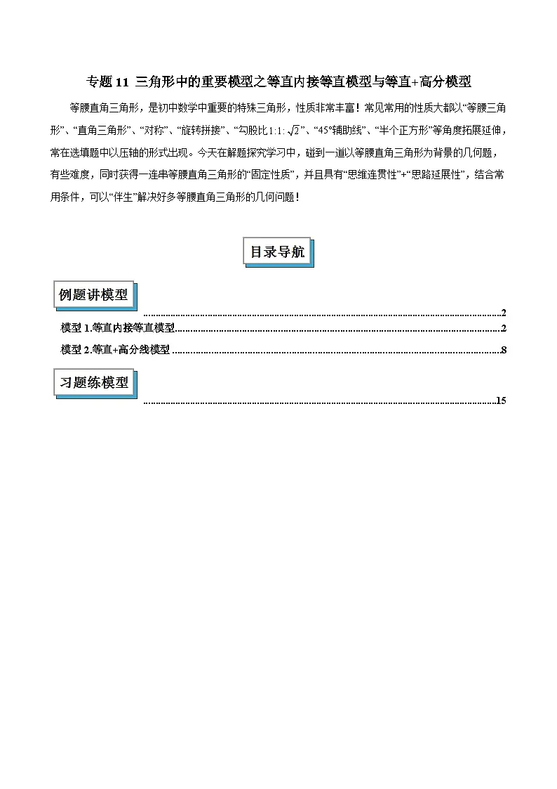 2025年中考数学专项复习专题11 三角形中的重要模型之等直内接等直模型与等直+高分模型解读与提分精练（全国通用）（原卷版）第1页
