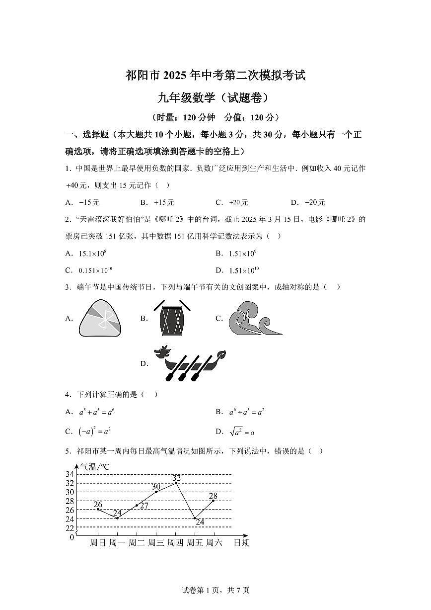 湖南省永州市祁阳市2025届中考第二次模拟考试 数学 试卷第1页