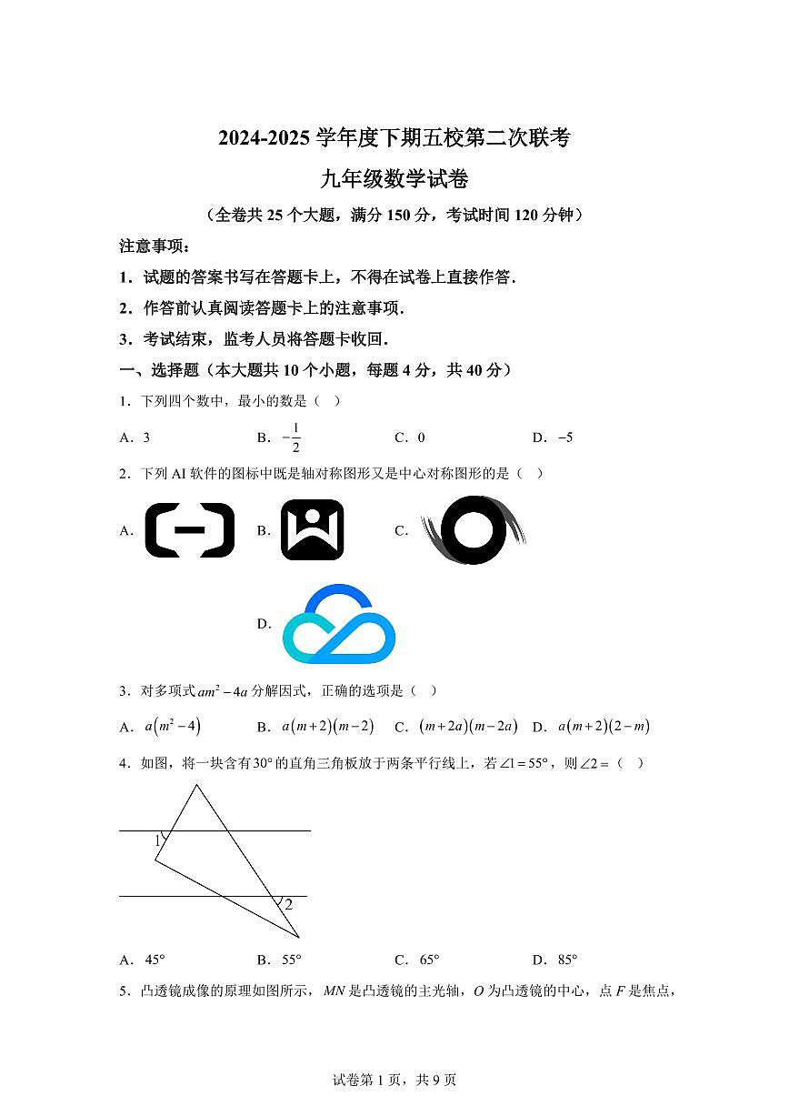 2024-2025学年重庆市五校联考下学期第二次联考九年级数学试题第1页