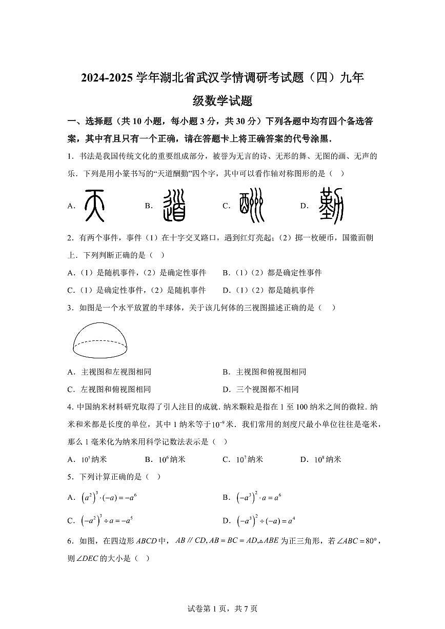 2025届湖北省武汉外校学情调研考试题（四）九年级数学试题第1页
