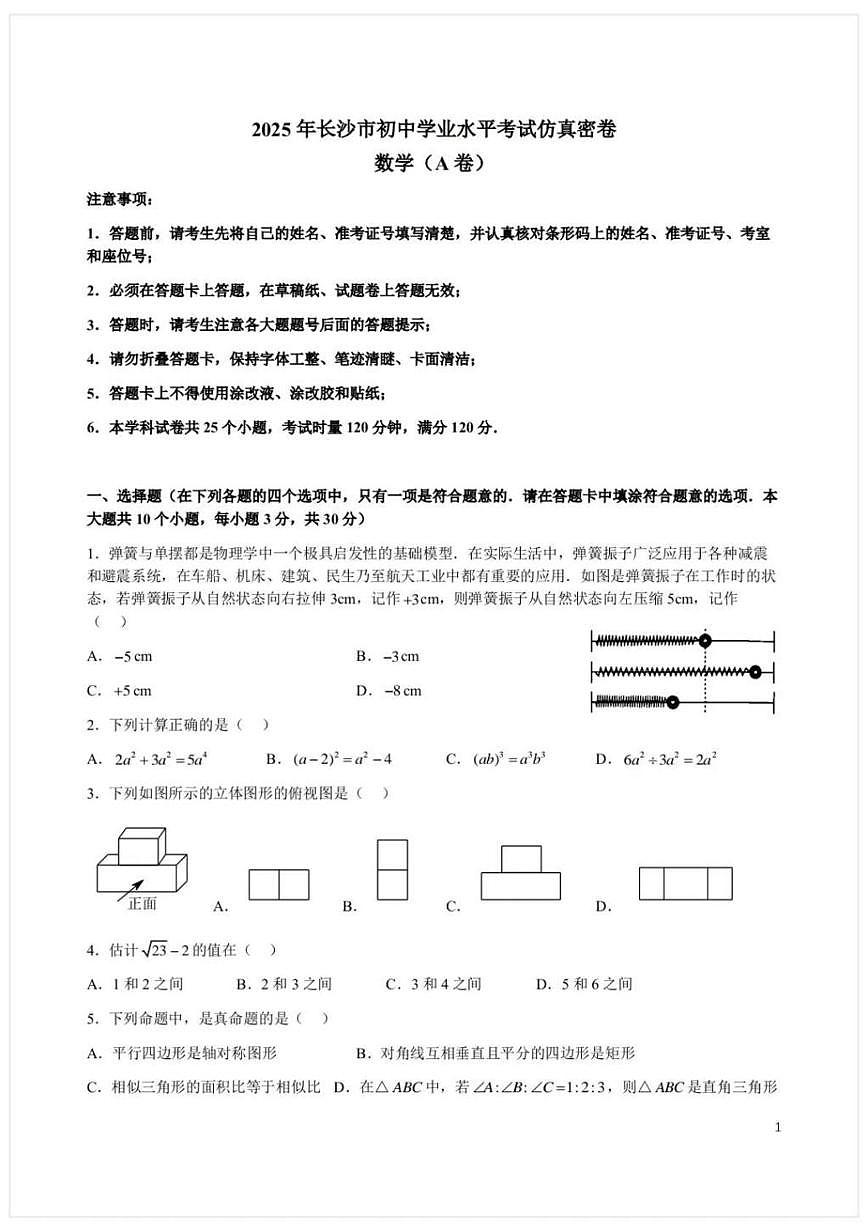 2025年湖南省长沙市初中学业水平考试仿真密卷数学（A卷）（中考模拟）第1页