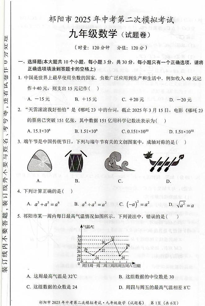 湖南省永州市祁阳市2025年中考第二次模拟考试 数学 试卷（中考模拟）第1页