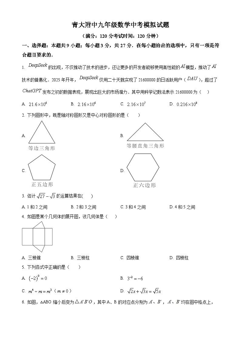 山东省青岛大学附属中学2025年中考第二次模拟数学试题（中考模拟）第1页