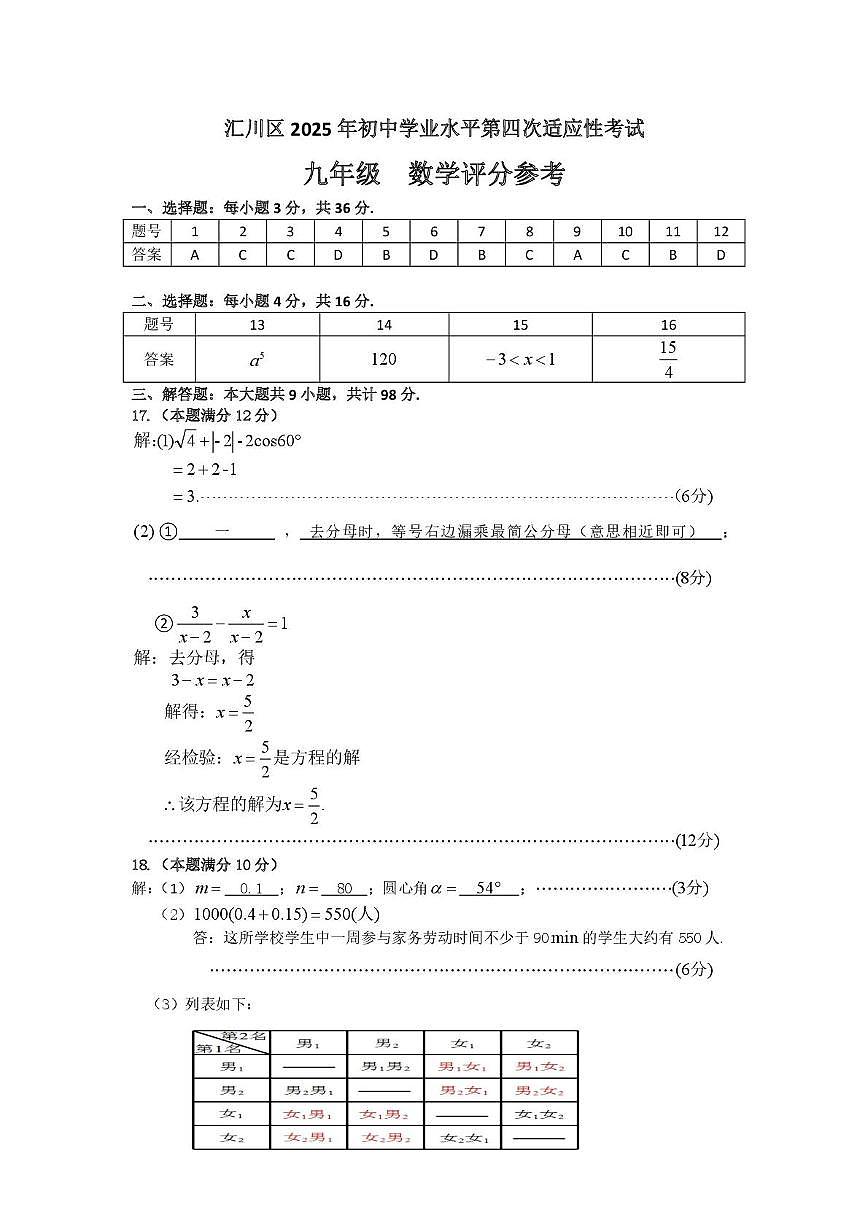 四模数学评分参考第1页