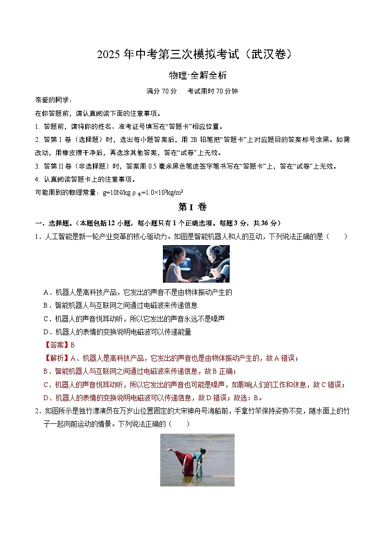 2025年中考数学第三次模拟考试卷：物理（武汉卷）（解析版）第1页
