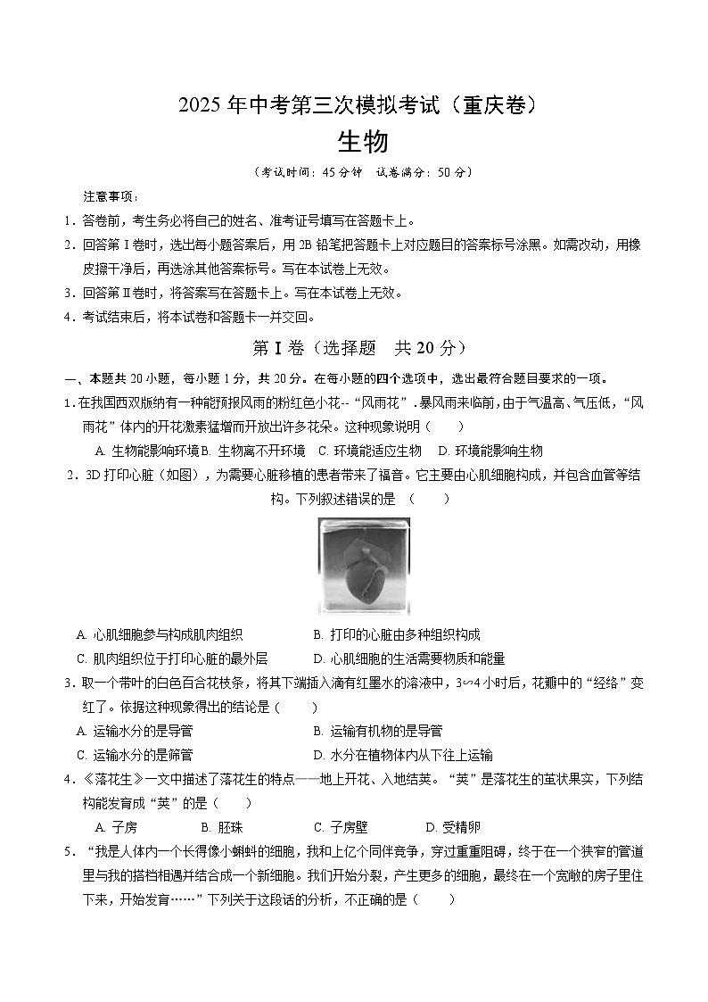 2025年中考数学第三次模拟考试卷：生物（重庆卷）（考试版）第1页