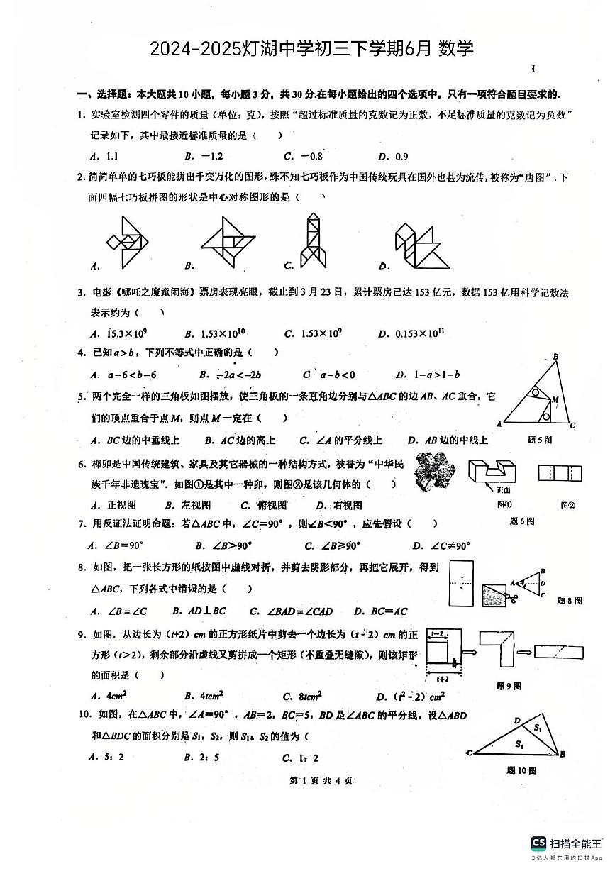 广东省佛山市南海区桂城街道灯湖初级中学2024-2025学年九年级下学期6月月考数学试题第1页