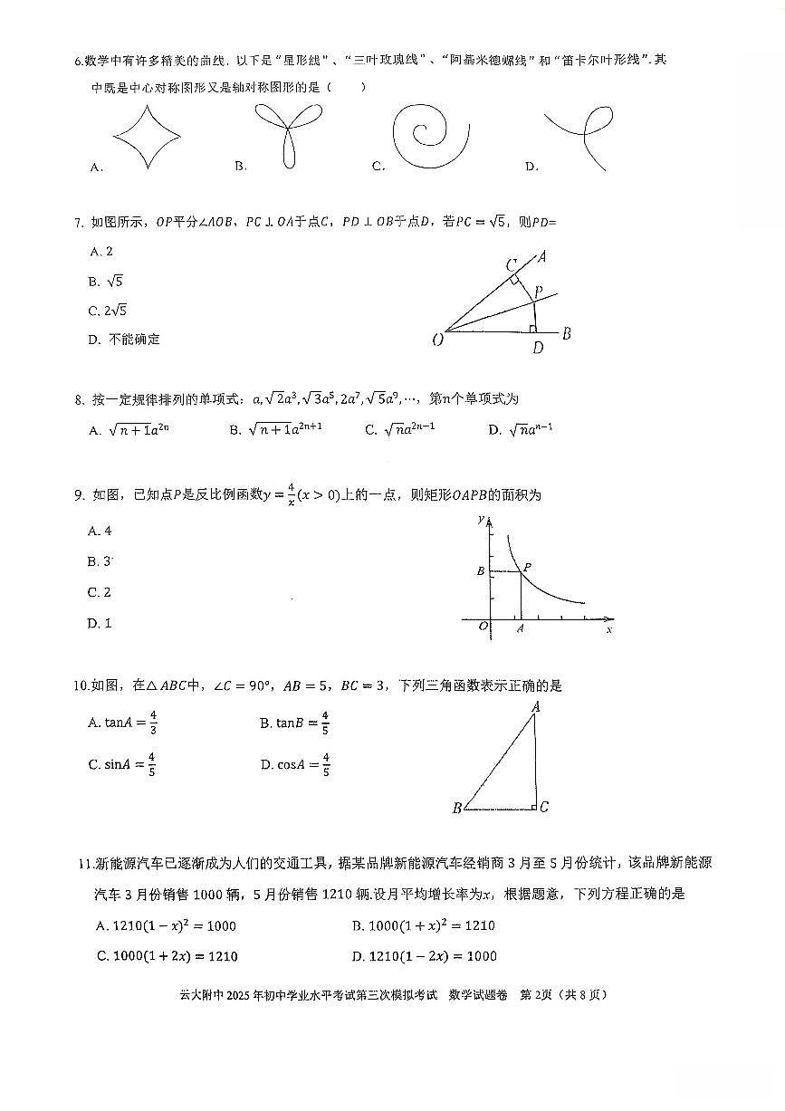 云南省昆明市云大附中2025年初中学业水平考试第三次模拟考试数学试卷（PDF版，无答案）第2页