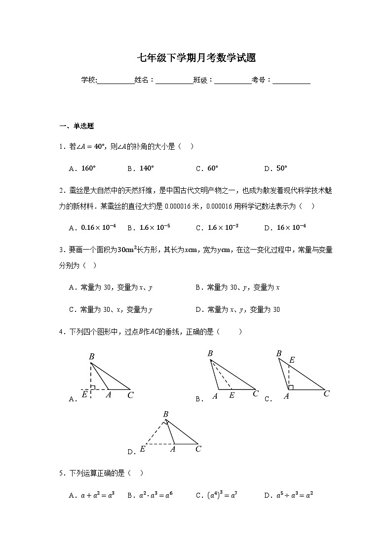 北师大版2024七年级下学期月考数学试题及答案2第1页