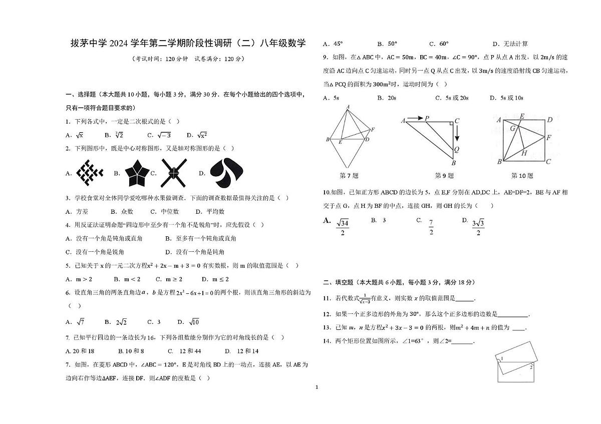 浙江省绍兴市新昌县拔茅中学2024-2025学年八年级下学期5月月考数学试题第1页