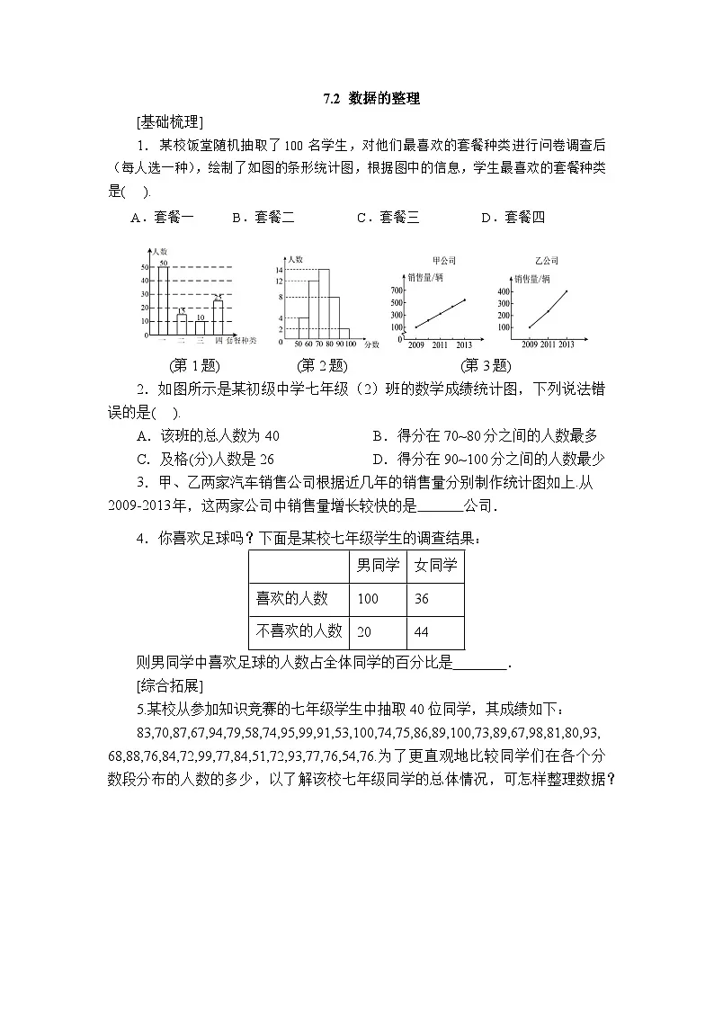2025年春青岛版数学七年级下册课时练习 7.2+数据的整理第1页
