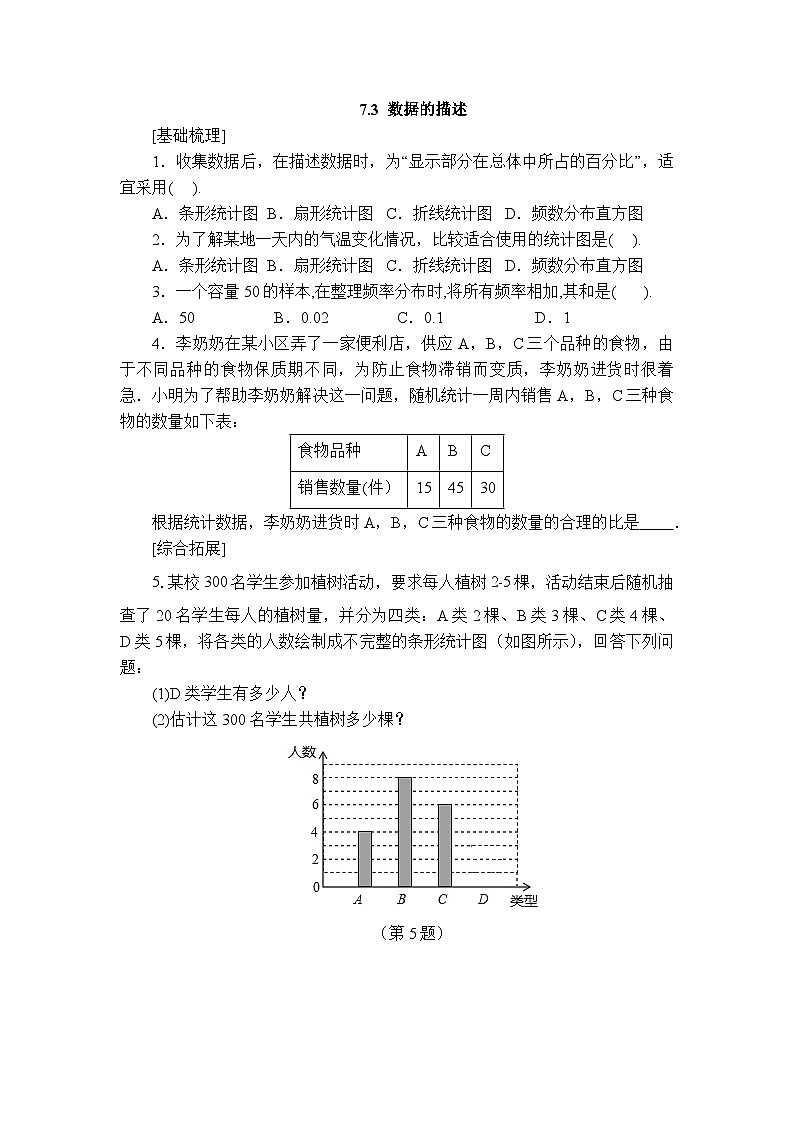 2025年春青岛版数学七年级下册课时练习 7.3+数据的描述第1页