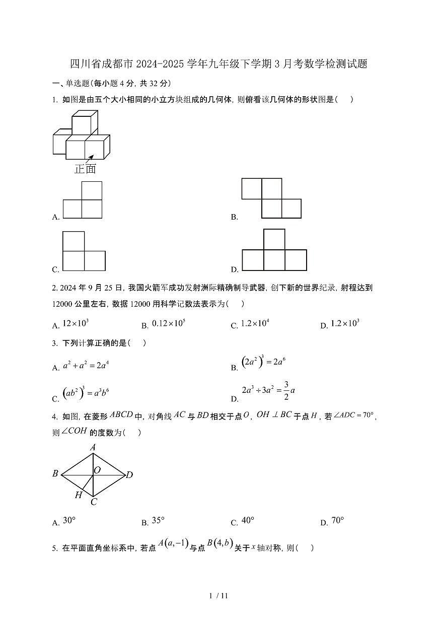 四川成都2024_2025学年九年级第二学期3月考数学试卷[有答案]第1页