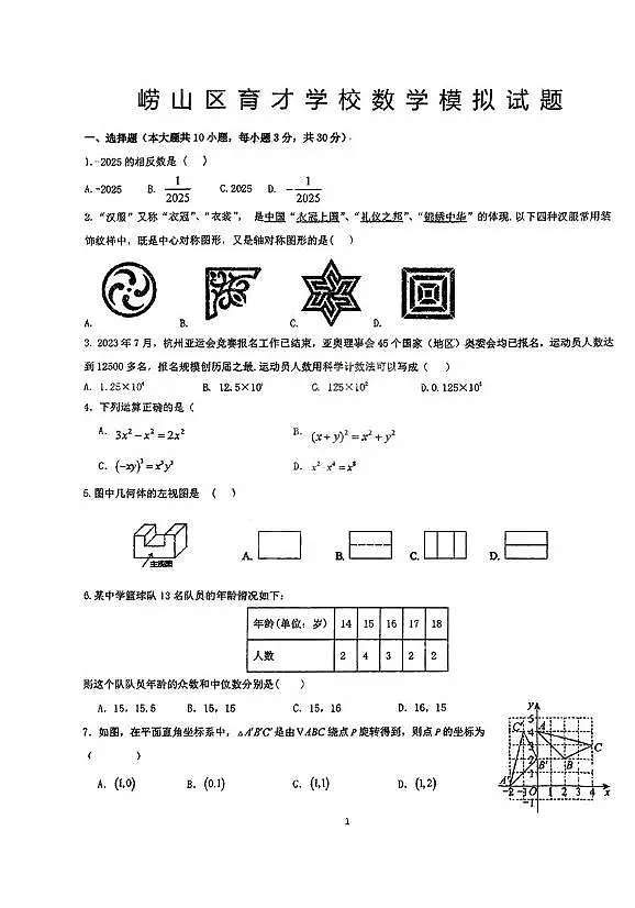 2025年山东省青岛市崂山区育才学校中考三模数学试题（中考模拟）第1页