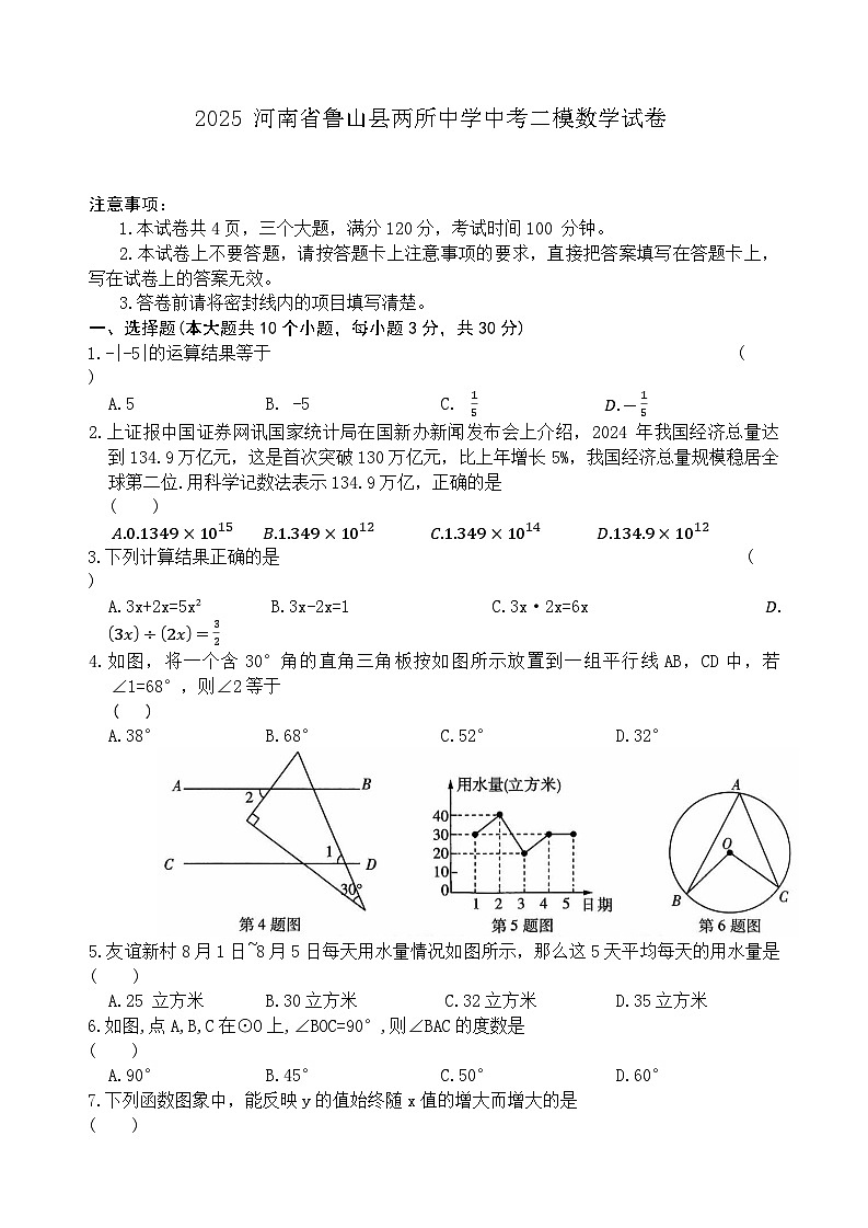 2025年河南省平顶山市鲁山县两所中学中考二模数学试题（中考模拟）第1页