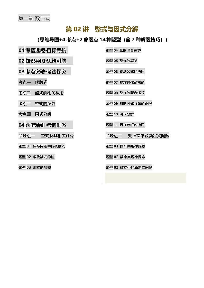 2025年中考数学专项复习第02讲 整式与因式分解(讲义，2考点+2命题点14种题型(含7种解题技巧))(原卷版)第1页