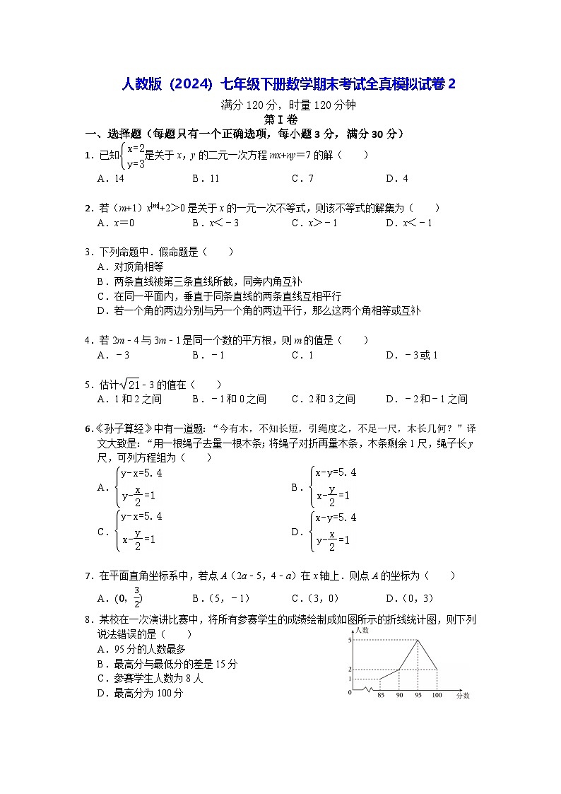 人教版（2024）七年级下册数学期末考试全真模拟试卷2（含答案）第1页