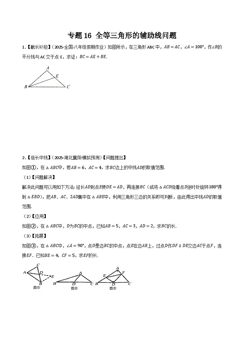 专题16 全等三角形的辅助线问题培优狂练（原卷版）第1页