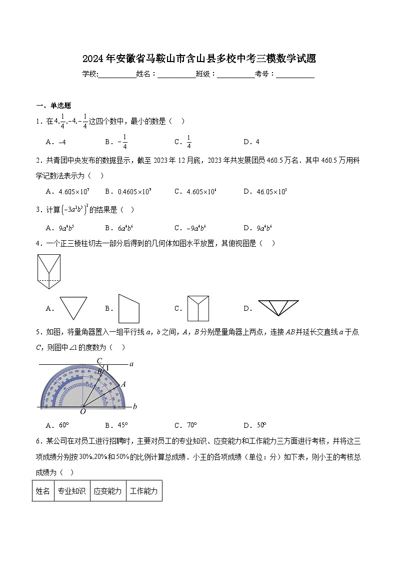 安徽省马鞍山市含山县多校2024届九年级下学期中考三模数学试卷(含解析)第1页