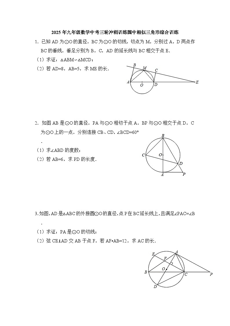 2025年九年级数学中考三轮冲刺训练圆中相似三角形综合训练第1页