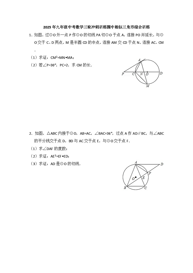 2025年九年级中考数学三轮冲刺训练圆中相似三角形综合训练第1页