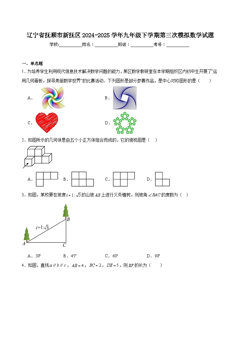 辽宁省抚顺市新抚区2025届九年级下学期第三次模拟考试数学试卷(含解析)第1页