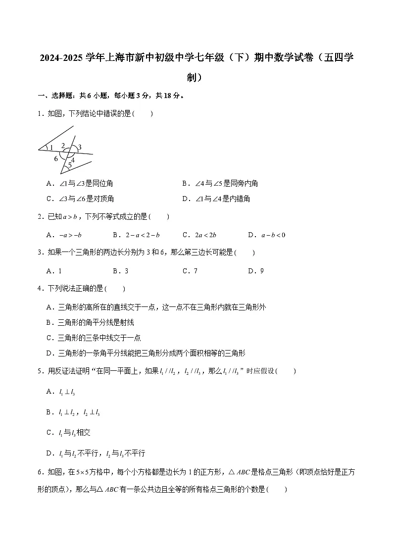 2024-2025学年上海市新中初级中学七年级（下）期中数学试卷（五四学制）（含解析）第1页