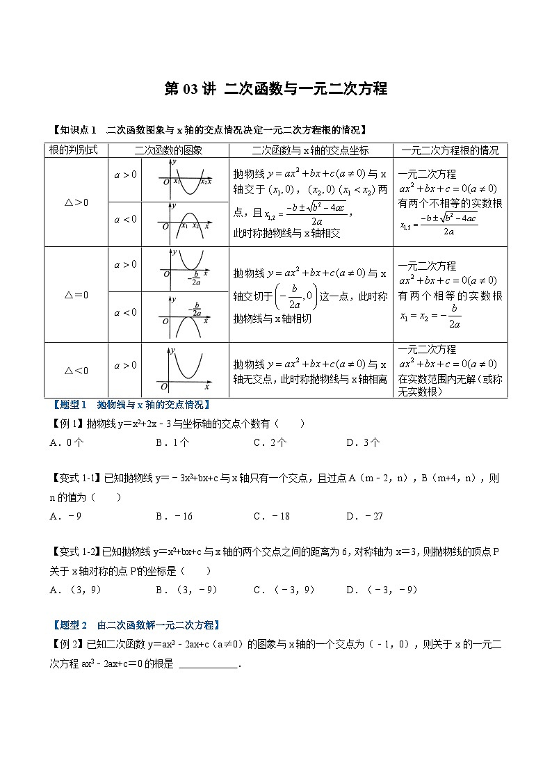 (暑期班)2025年九年级数学暑假讲义 第03讲 二次函数与一元二次方程+课后巩固练习+随堂检测（原卷版）第1页