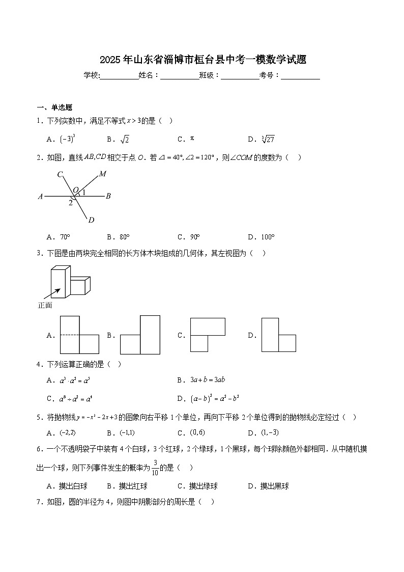 山东省淄博市桓台县2025届九年级下学期中考一模数学试卷(含解析)第1页