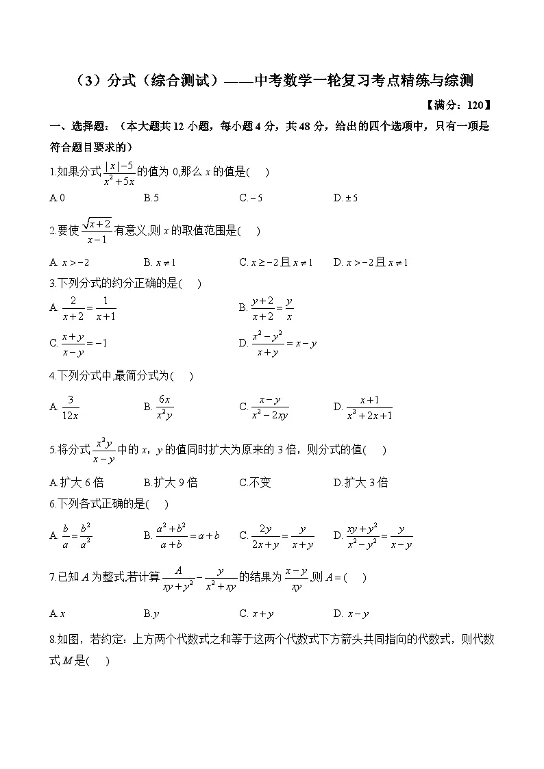 中考数学一轮复习考点精炼与综测：（3）分式（综合测试）第1页