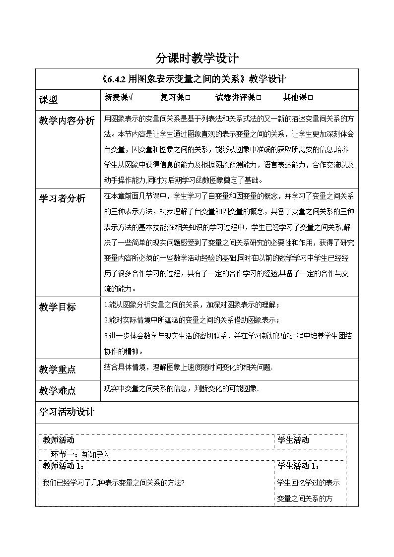 6.4.2用图象表示变量之间的关系 教案第1页