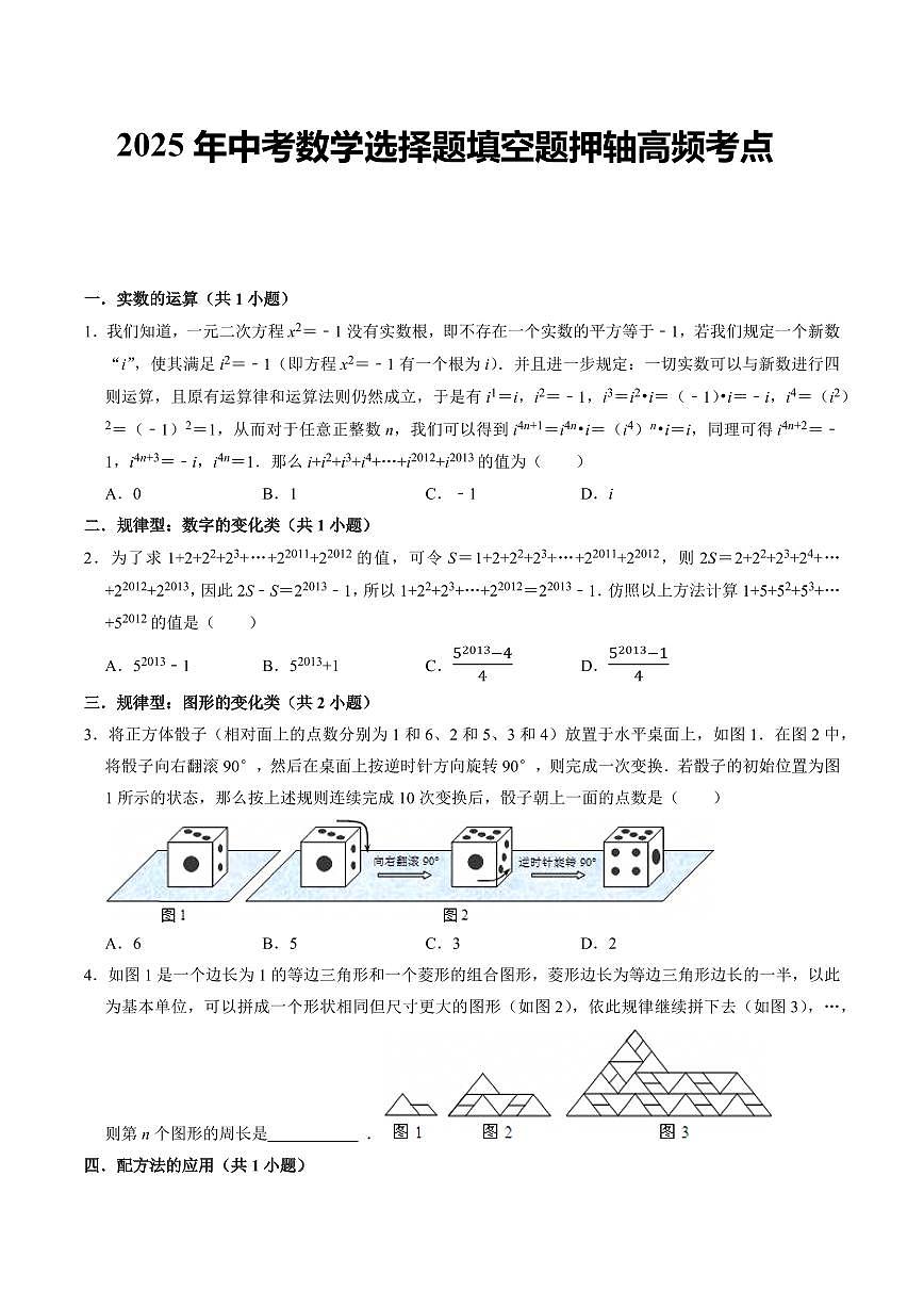 2025中考数学专项复习选择题填空题押轴高频考点练习含答案第1页
