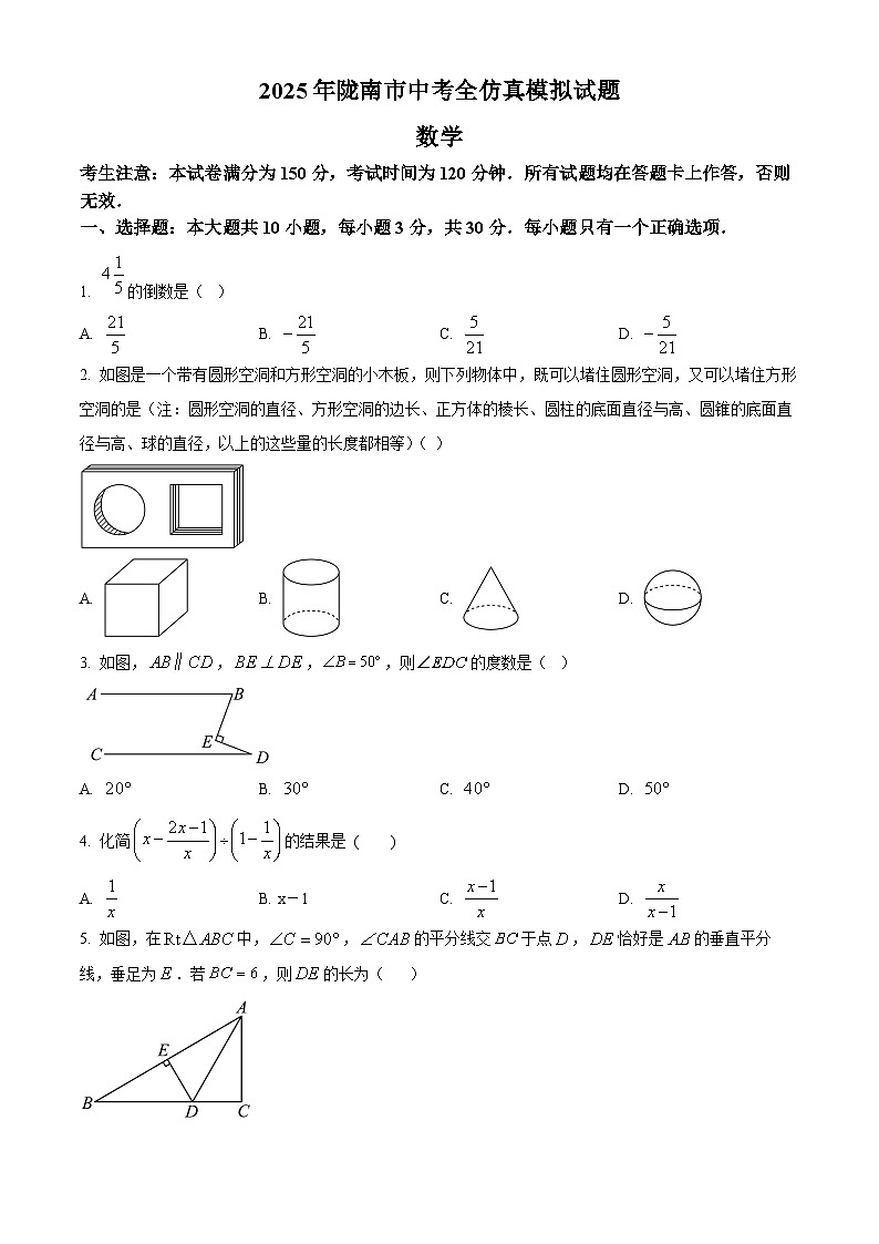2025年甘肃省陇南市第五次九年级模拟考试数学试题（中考模拟）第1页