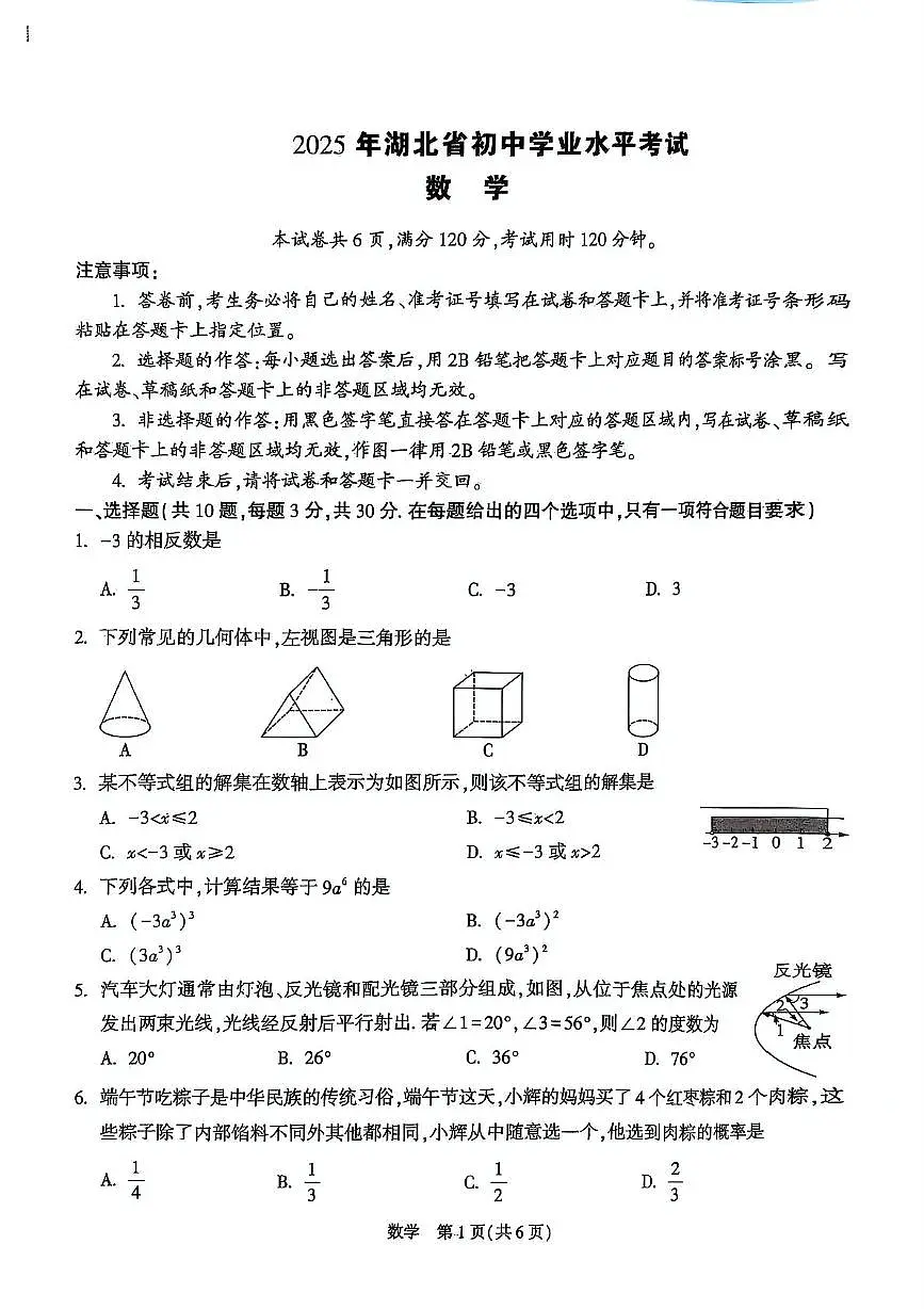 2025年湖北省初中学业水平考试数学试卷（白）（中考模拟）第1页