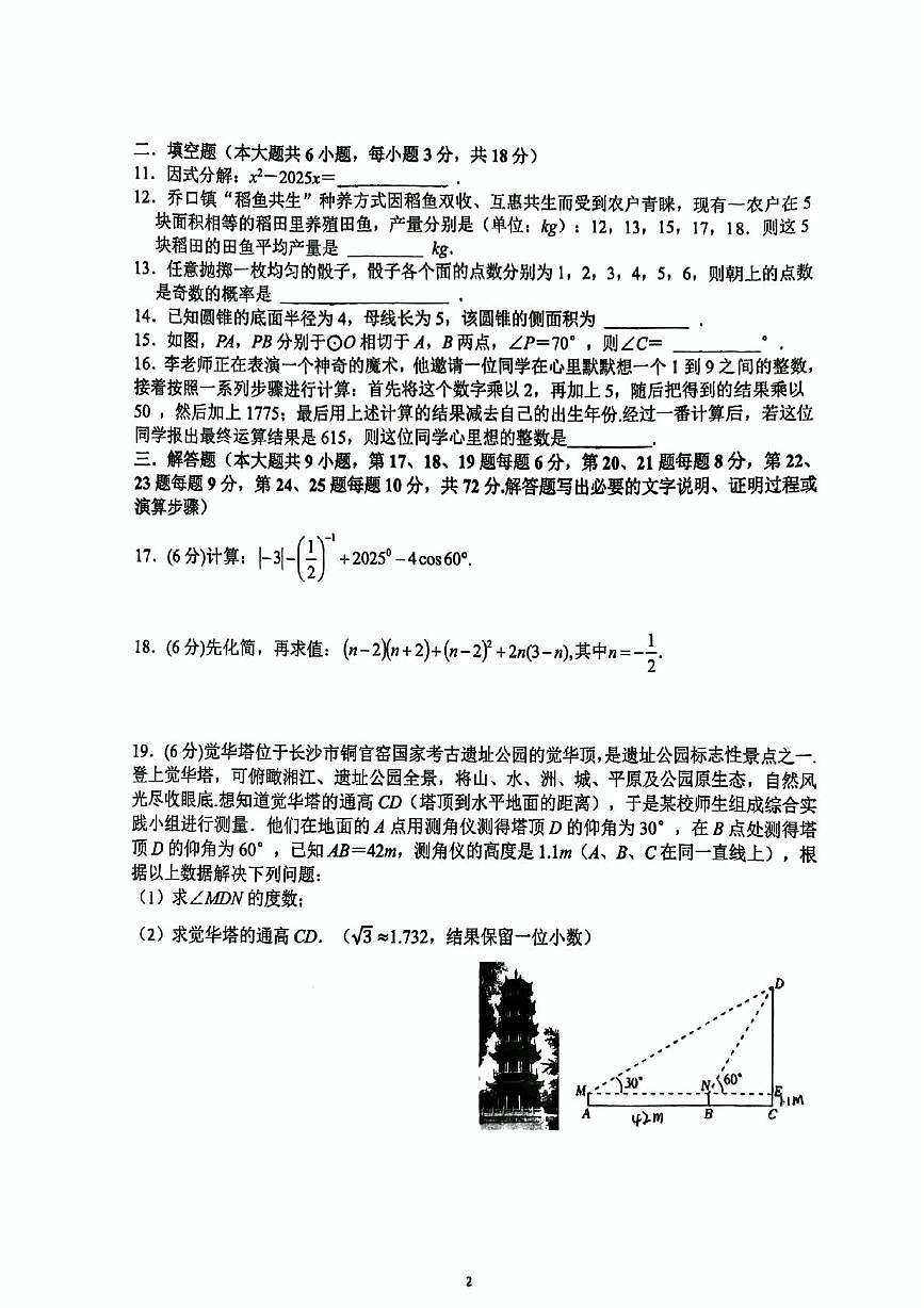 2025年湖南省湖南师大附中星城实验中学全真模拟数学试卷（中考模拟）第2页