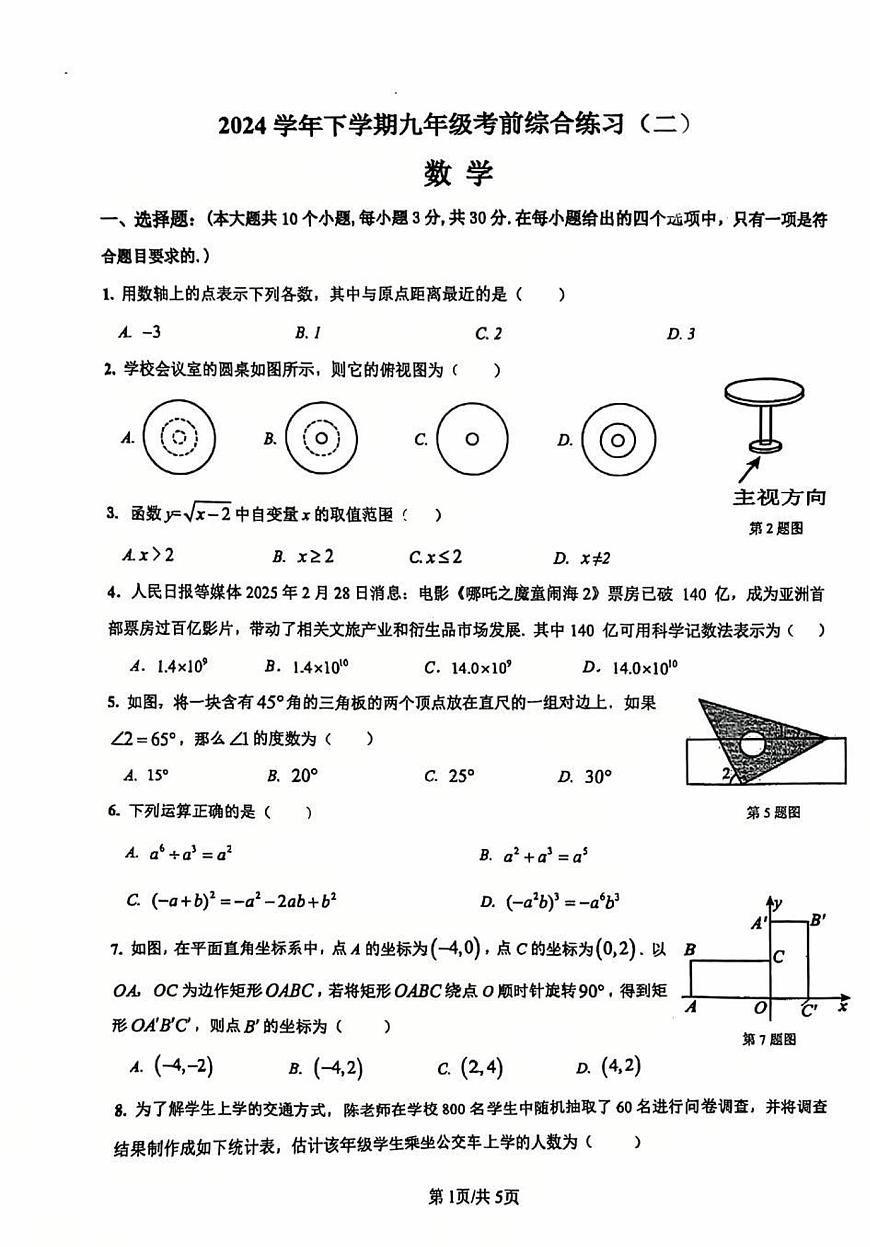 广东省广州市2024-2025学年天河外国语中学九年级二模数学试卷（中考模拟）第1页